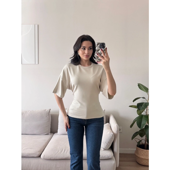 Sırt Bağcıklı Oversize Tshirt - BEJ