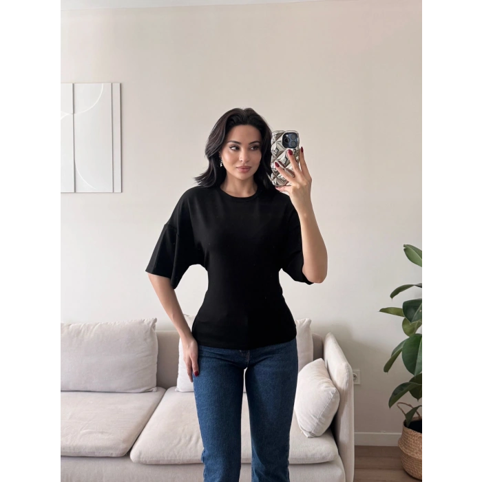 Sırt Bağcıklı Oversize Tshirt - SİYAH