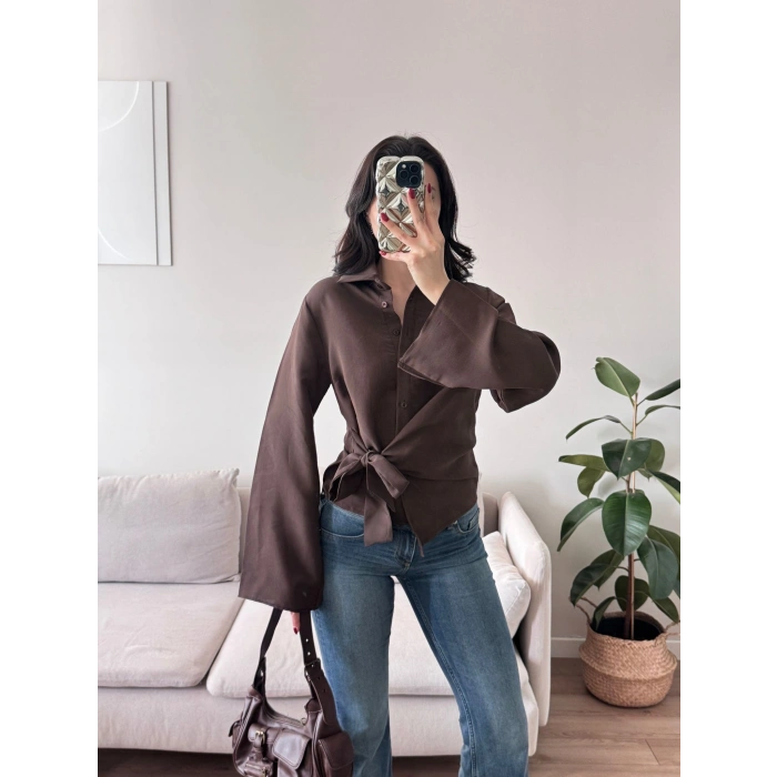 Kuşaklı Modal Gömlek - KAHVE