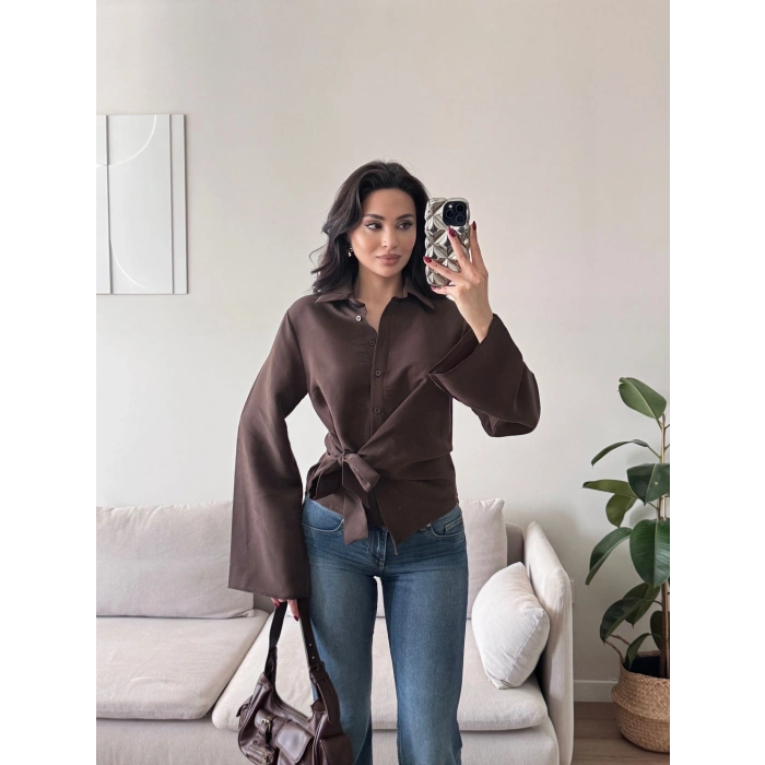 Kuşaklı Modal Gömlek - KAHVE