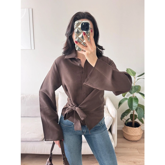 Kuşaklı Modal Gömlek - KAHVE