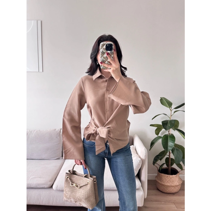 Kuşaklı Modal Gömlek - BEJ