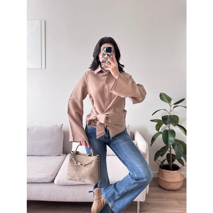 Kuşaklı Modal Gömlek - BEJ