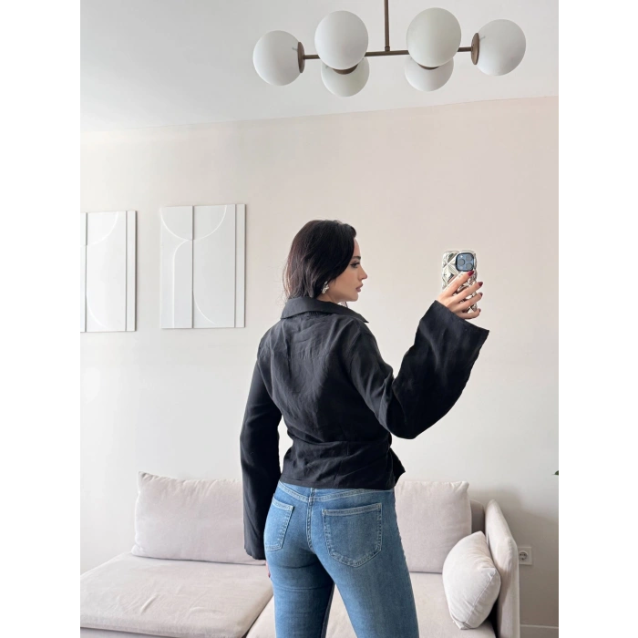 Kuşaklı Modal Gömlek - SİYAH