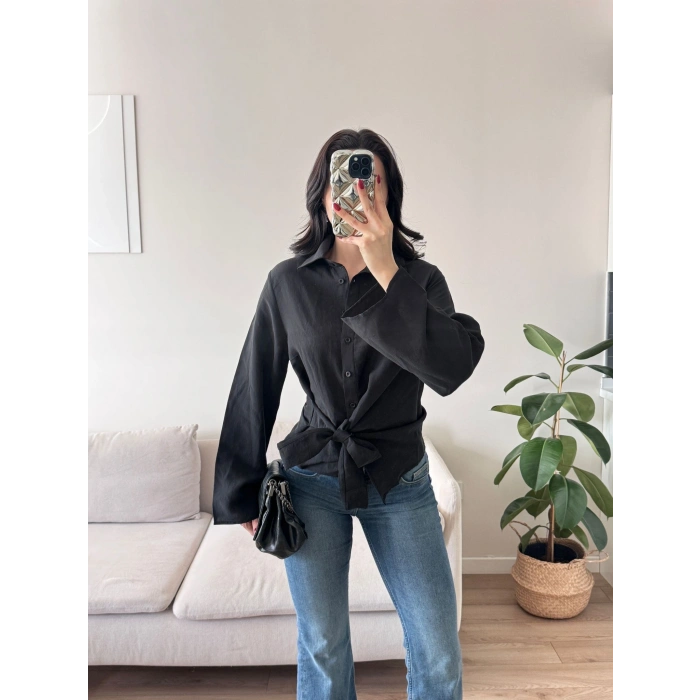 Kuşaklı Modal Gömlek - SİYAH