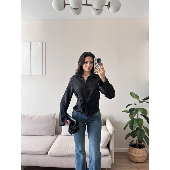 Kuşaklı Modal Gömlek - SİYAH