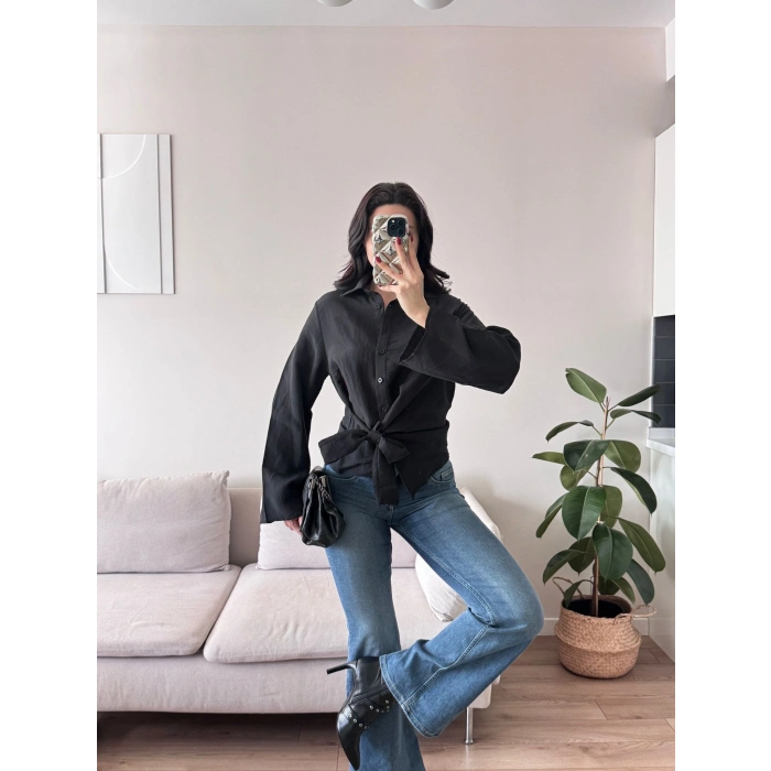 Kuşaklı Modal Gömlek - SİYAH