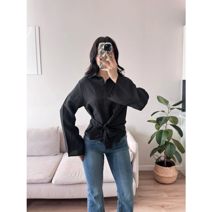 Kuşaklı Modal Gömlek - SİYAH