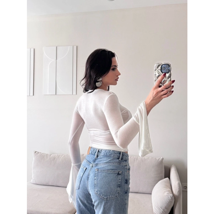 Kol Volanlı Transparan Crop - BEYAZ