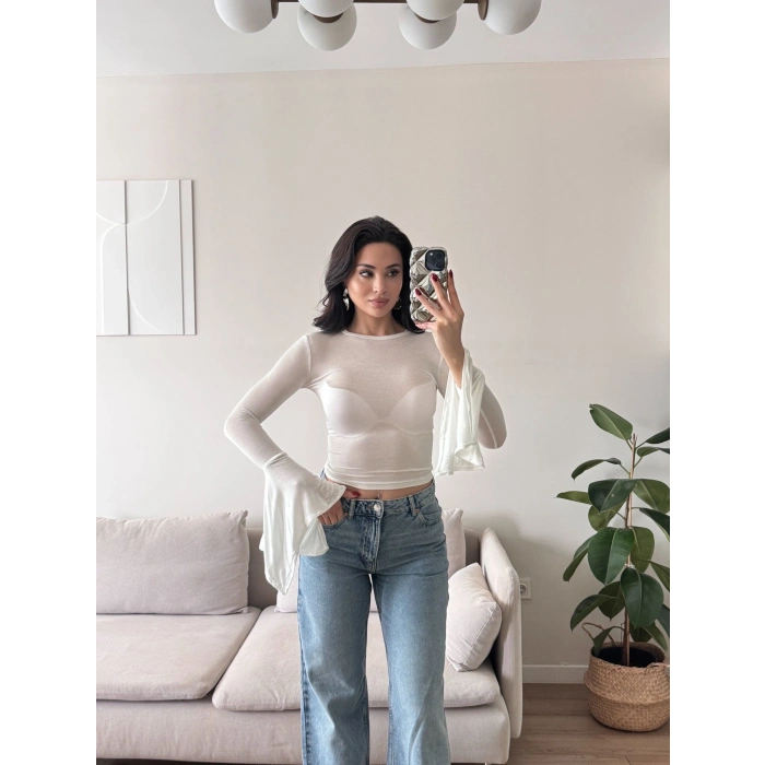 Kol Volanlı Transparan Crop - BEYAZ