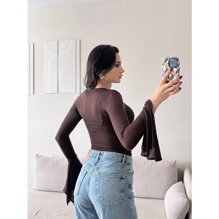 Kol Volanlı Transparan Crop - KAHVE