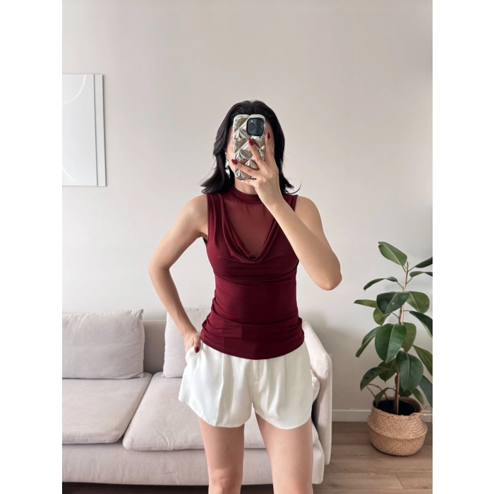 Tül Detay Degaje Crop - BORDO