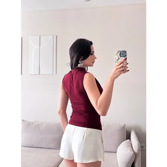 Tül Detay Degaje Crop - BORDO