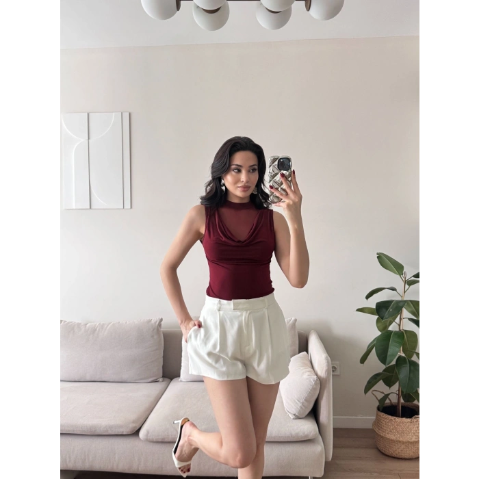 Tül Detay Degaje Crop - BORDO