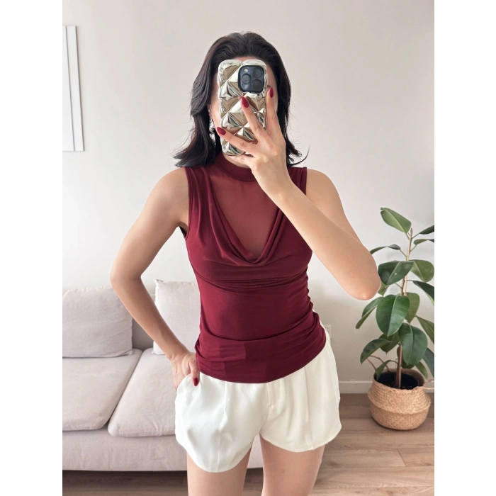 Tül Detay Degaje Crop - BORDO