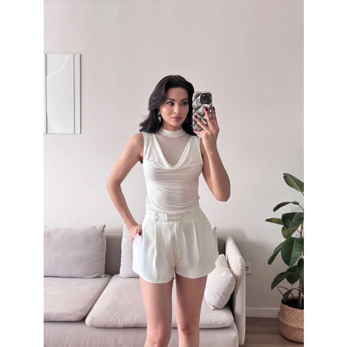 Tül Detay Degaje Crop - BEYAZ