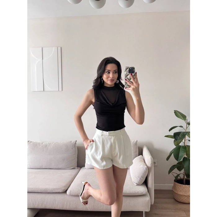 Tül Detay Degaje Crop - SİYAH