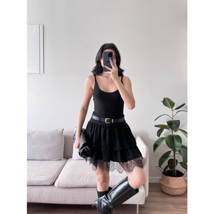 Dantel Detay Kemerli Etek - SİYAH