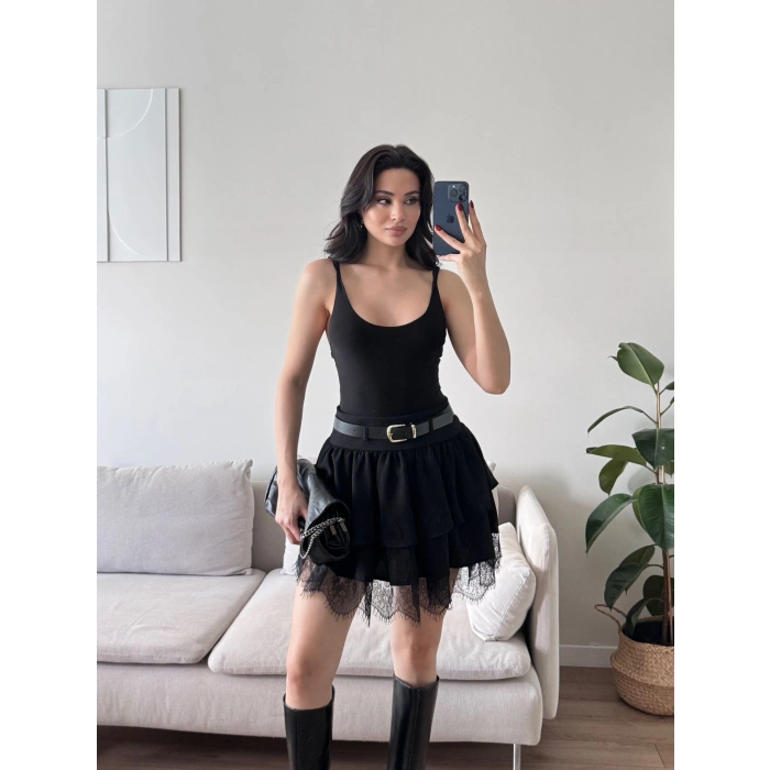 Dantel Detay Kemerli Etek - SİYAH