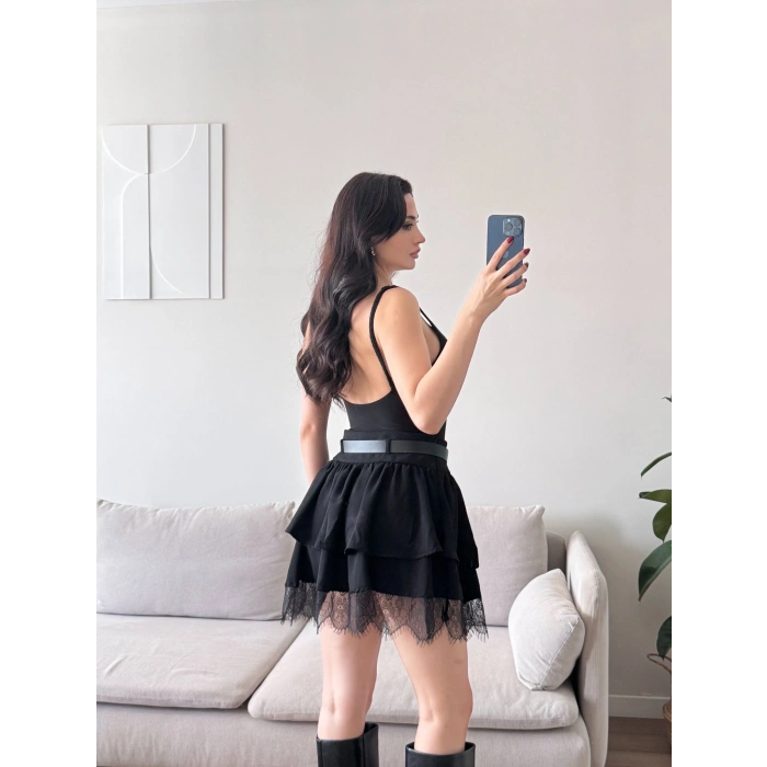 Dantel Detay Kemerli Etek - SİYAH