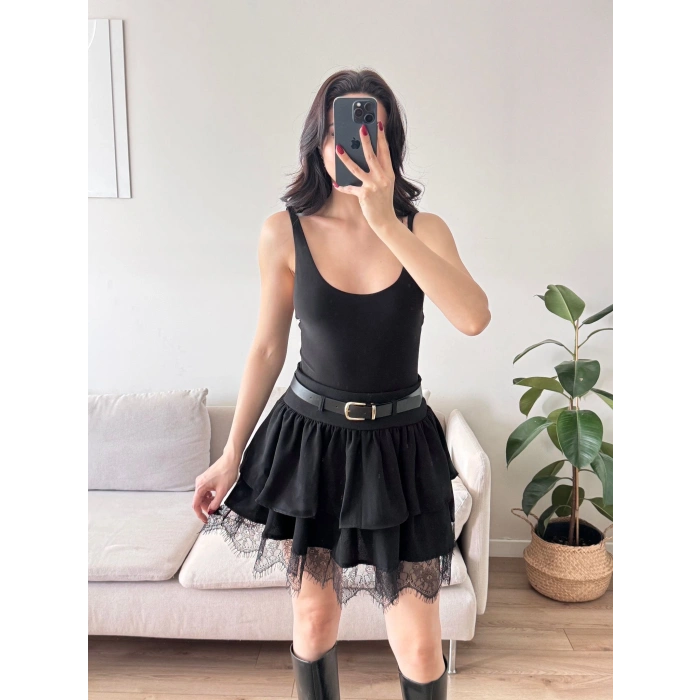 Dantel Detay Kemerli Etek - SİYAH