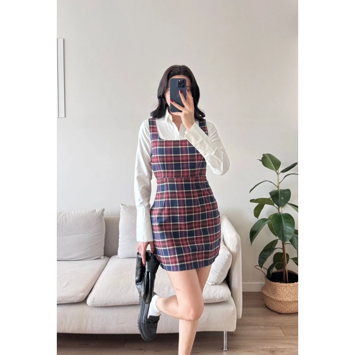 Ekoseli Gömlek Elbise - BORDO