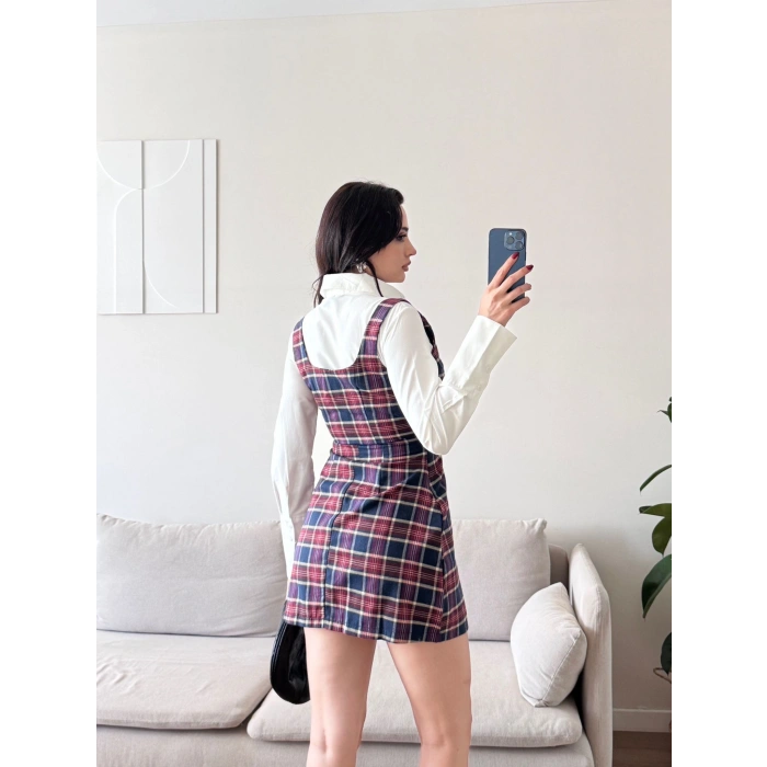 Ekoseli Gömlek Elbise - BORDO