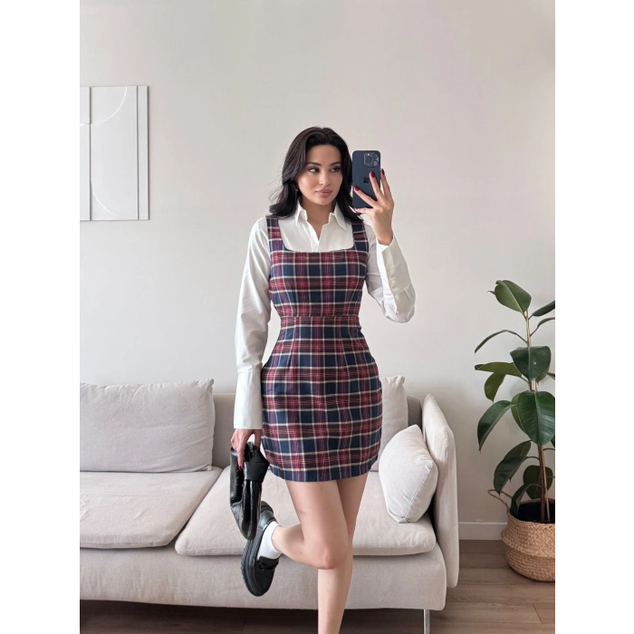 Ekoseli Gömlek Elbise - BORDO