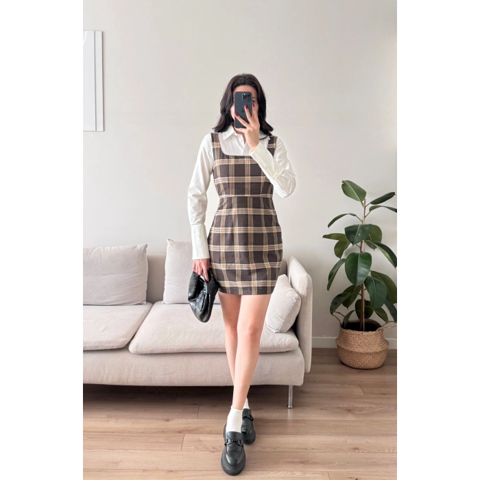 Ekoseli Gömlek Elbise - KAHVE