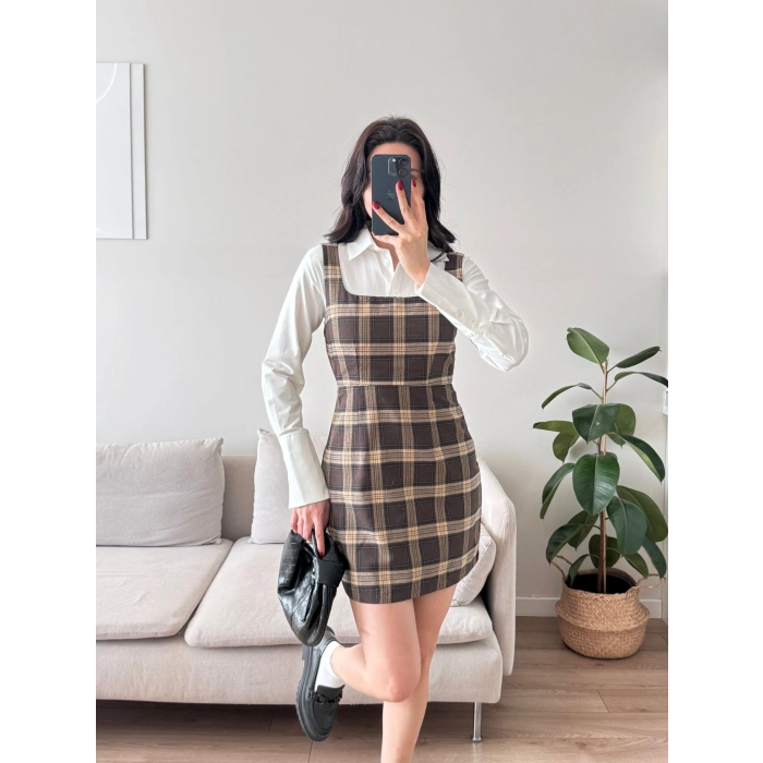 Ekoseli Gömlek Elbise - KAHVE