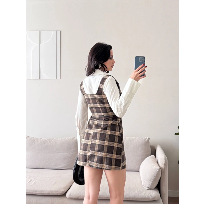 Ekoseli Gömlek Elbise - KAHVE