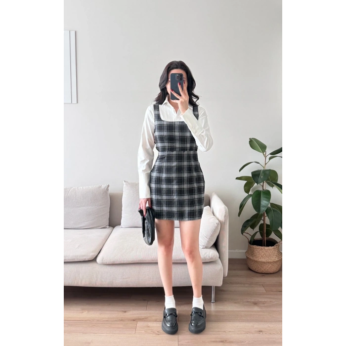 Ekoseli Gömlek Elbise - SİYAH