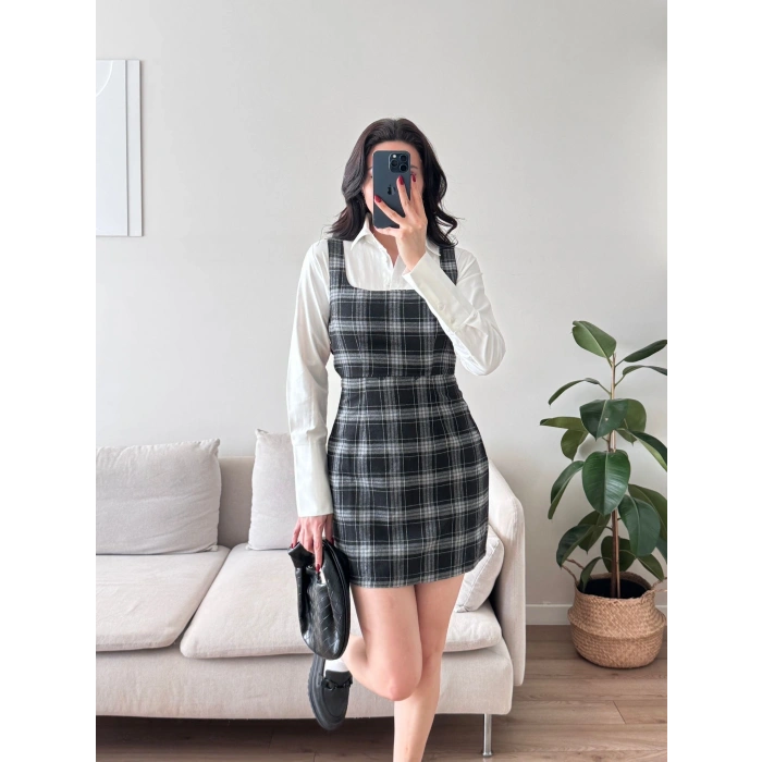 Ekoseli Gömlek Elbise - SİYAH