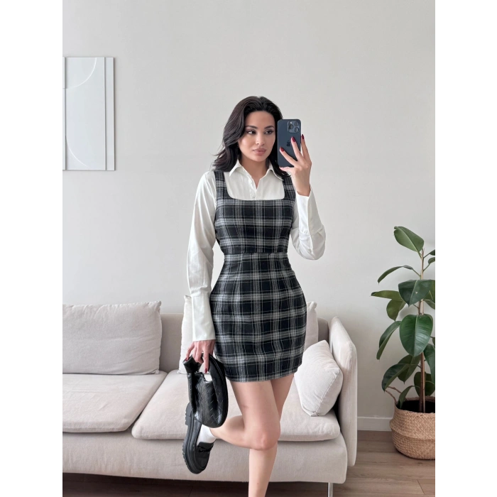 Ekoseli Gömlek Elbise - SİYAH