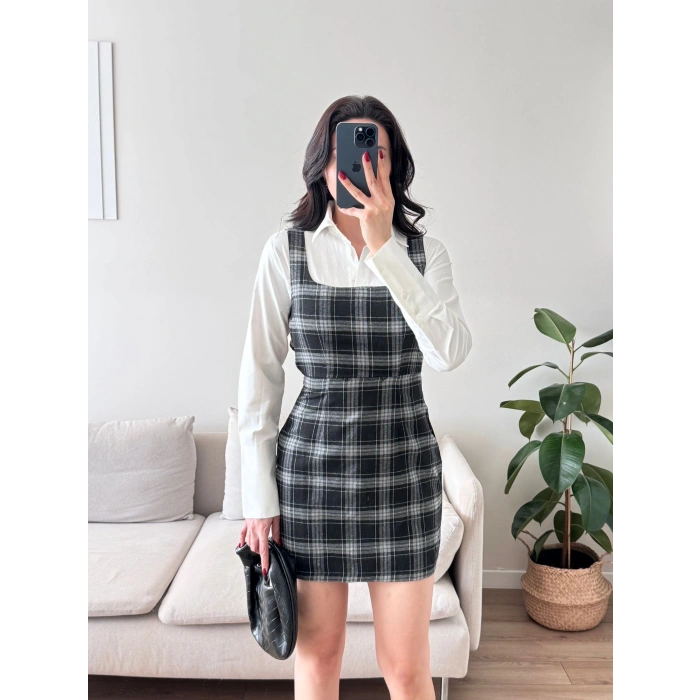 Ekoseli Gömlek Elbise - SİYAH