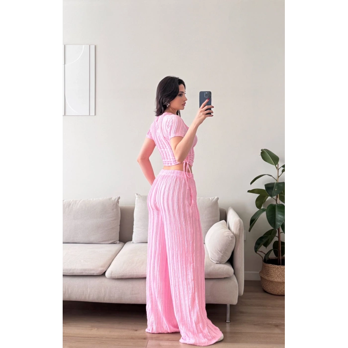 Yan Büzgü Pantolon Takım - PEMBE
