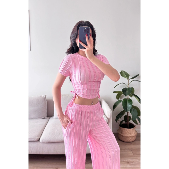 Yan Büzgü Pantolon Takım - PEMBE