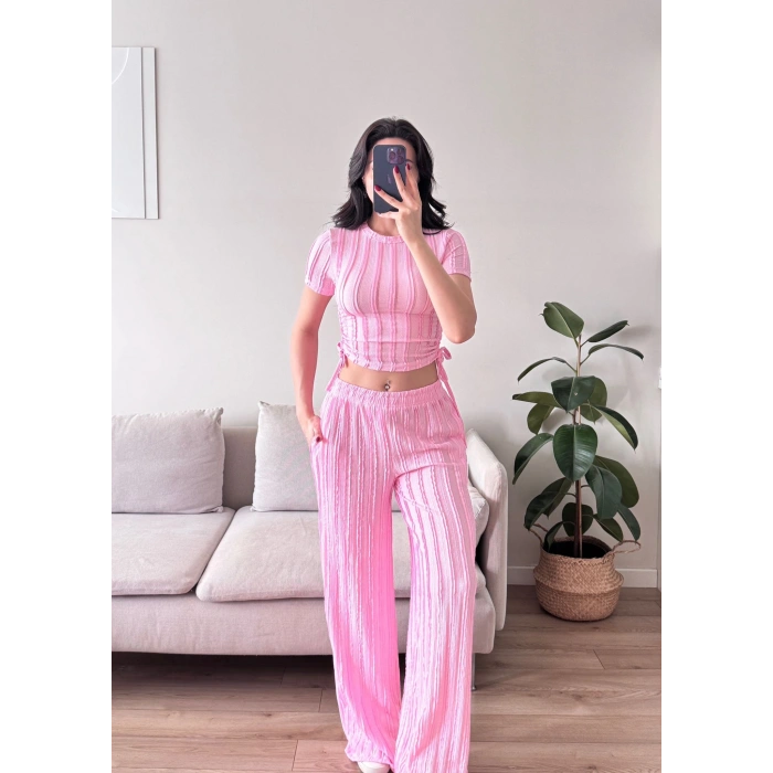 Yan Büzgü Pantolon Takım - PEMBE