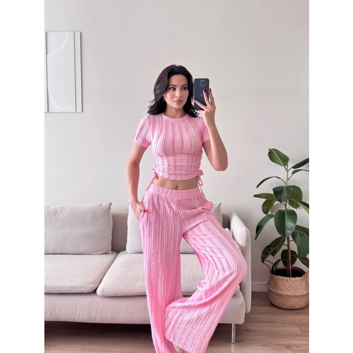 Yan Büzgü Pantolon Takım - PEMBE