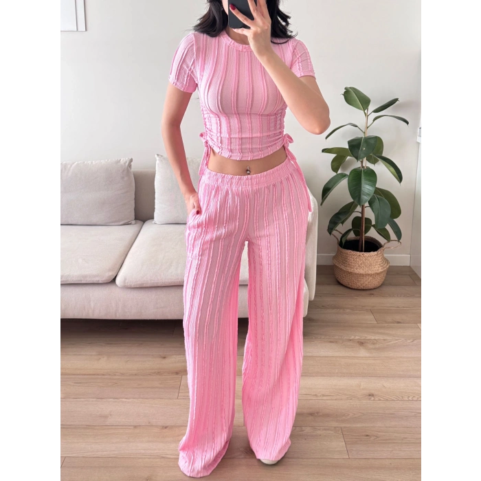 Yan Büzgü Pantolon Takım - PEMBE
