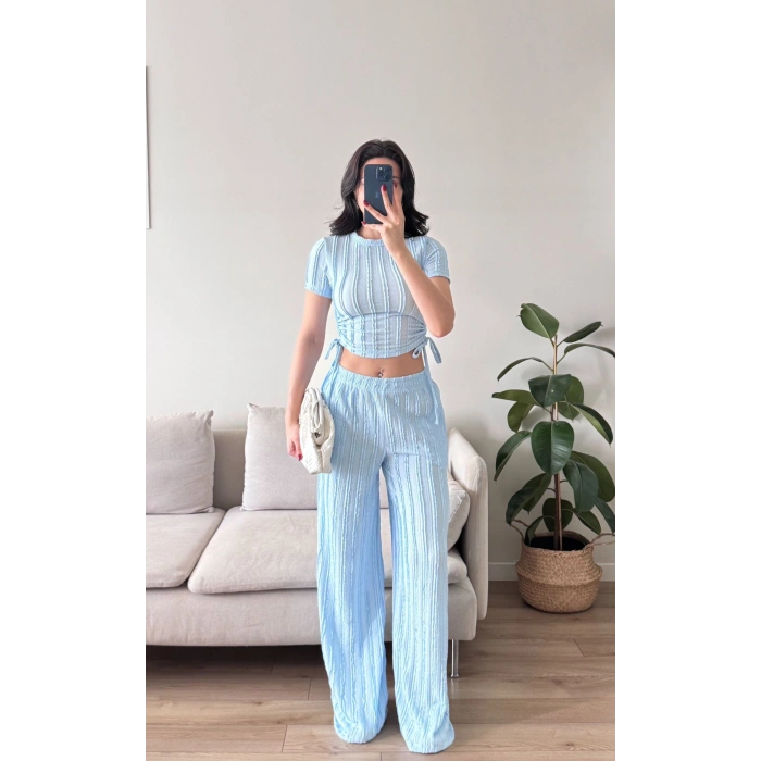 Yan Büzgü Pantolon Takım - BEBE MAVİSİ