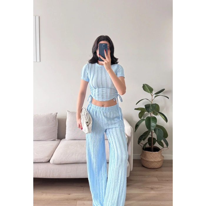 Yan Büzgü Pantolon Takım - BEBE MAVİSİ