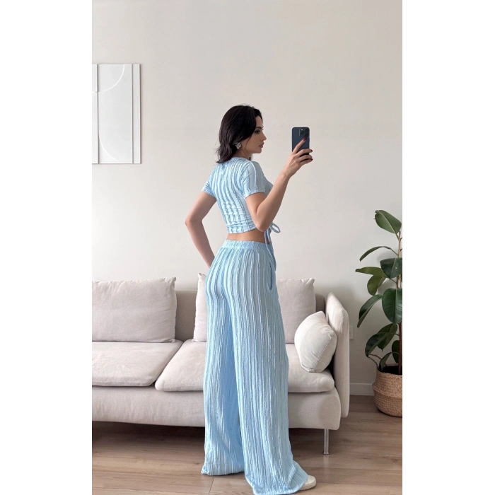 Yan Büzgü Pantolon Takım - BEBE MAVİSİ