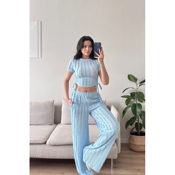 Yan Büzgü Pantolon Takım - BEBE MAVİSİ