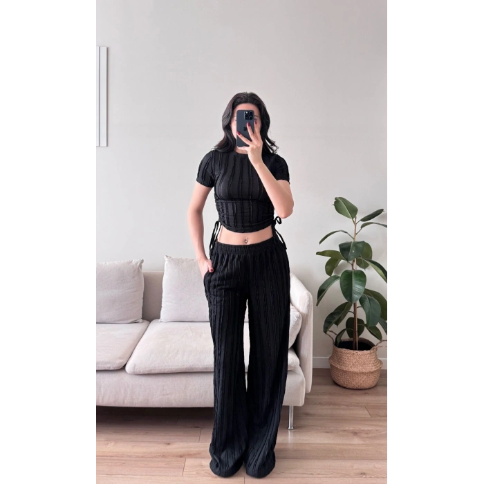 Yan Büzgü Pantolon Takım - SİYAH