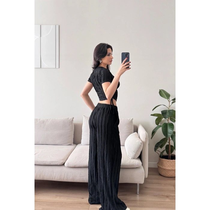 Yan Büzgü Pantolon Takım - SİYAH