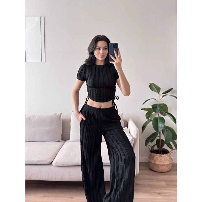 Yan Büzgü Pantolon Takım - SİYAH