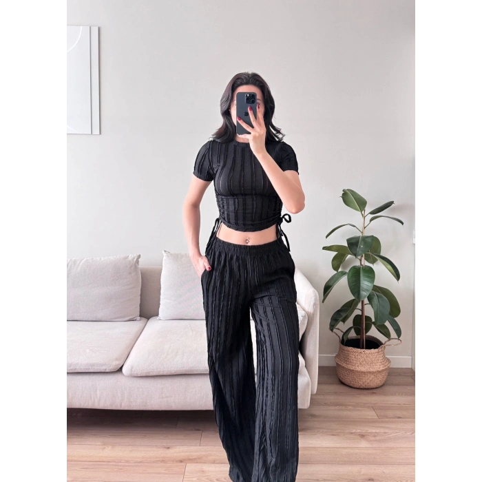 Yan Büzgü Pantolon Takım - SİYAH