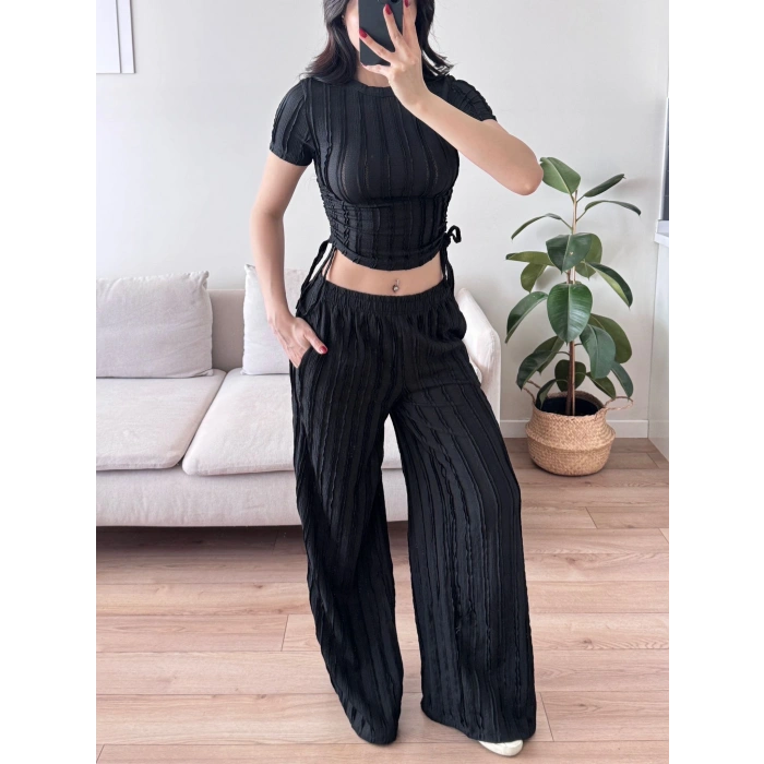 Yan Büzgü Pantolon Takım - SİYAH