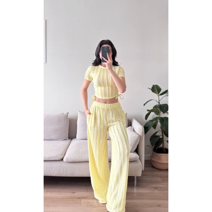 Yan Büzgü Pantolon Takım - SARI